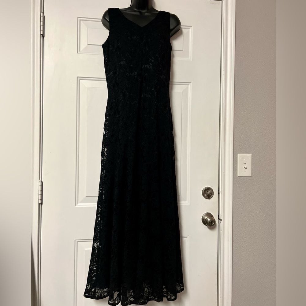 Whimsigoth Lace 90s Laura Ashley Black V Neck Sleeveless Fit Flare Maxi Dress M